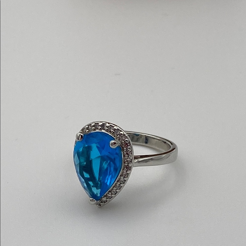 Teardrop Blue Gemstone Cocktail Ring with Crystal Halo • Silver Tone - Picture 12 of 12